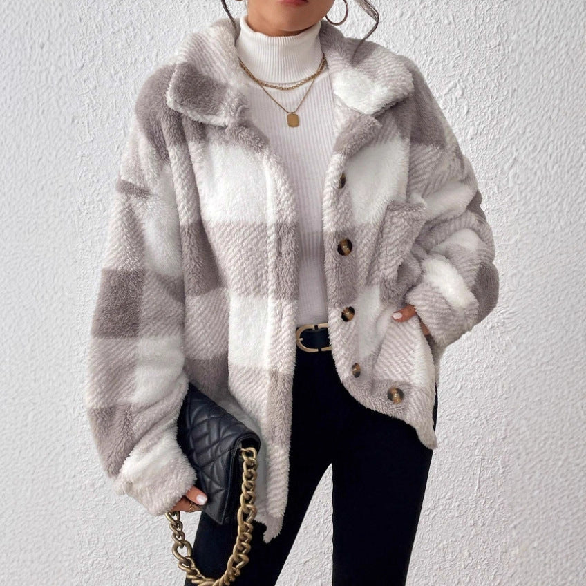 Ladies' casual plaid plush button front jacket