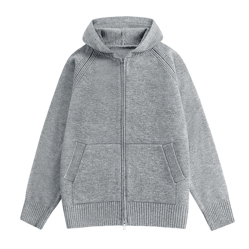 Cardigan for Men with Hood and Zipper Solid Color High-End Look Long Sleeve